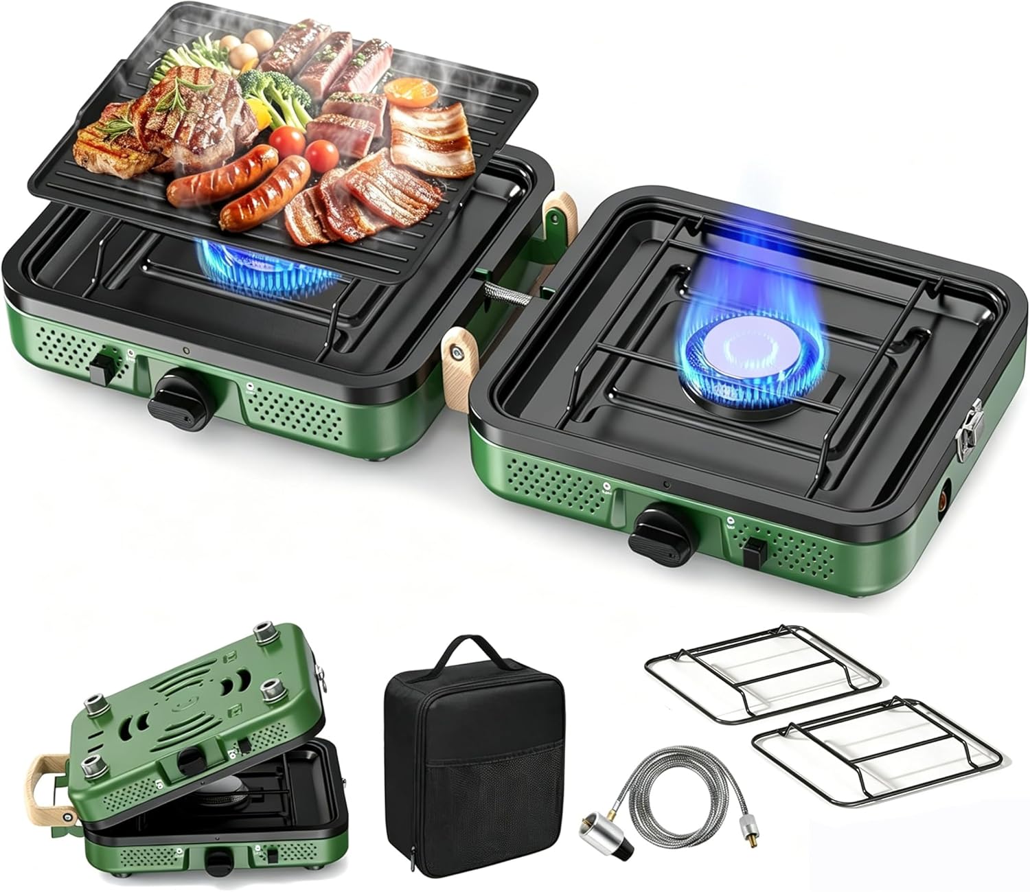2 Burner Camping Stove,10000 BTU Propane Camp Stove Portable Folding Gas Travel Stove Camping Essentials Gears Includes Gr...