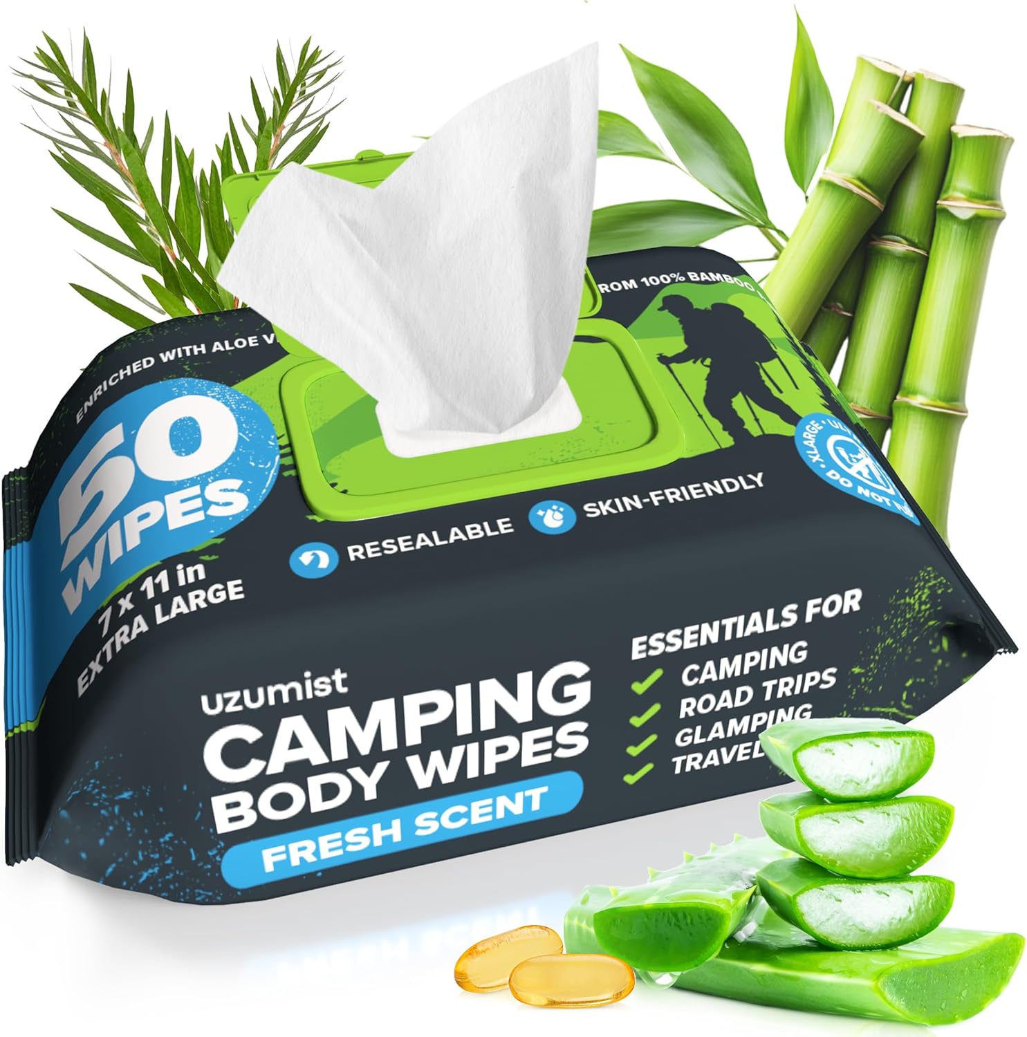 Camping Essentials - Body Wipes for Camping Adults Bathing No Rinse - 50 XL Deodorant Bathing Shower Wipes For Men Women -...